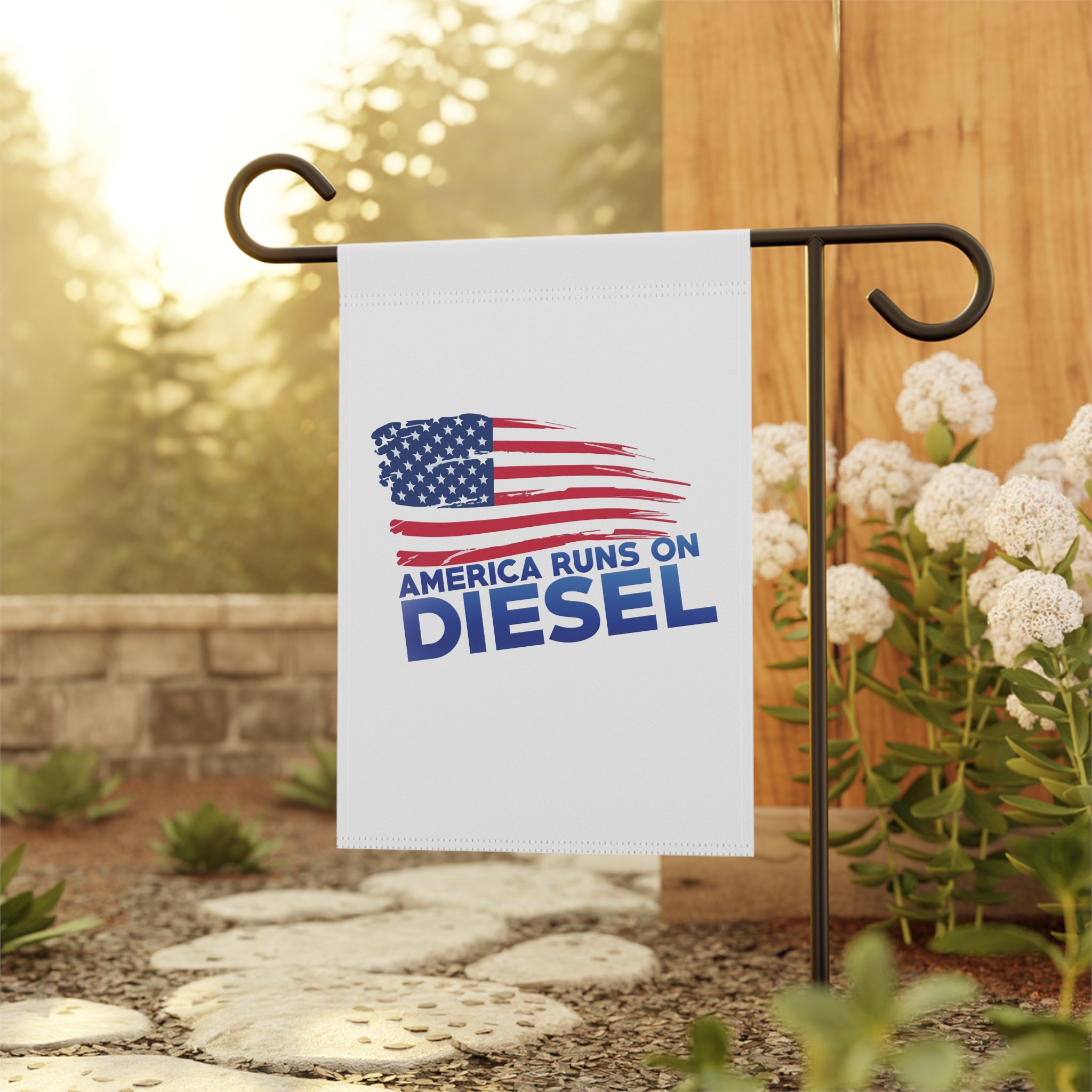 America Runs on Diesel Garden Flag — Patriotic Outdoor Banner